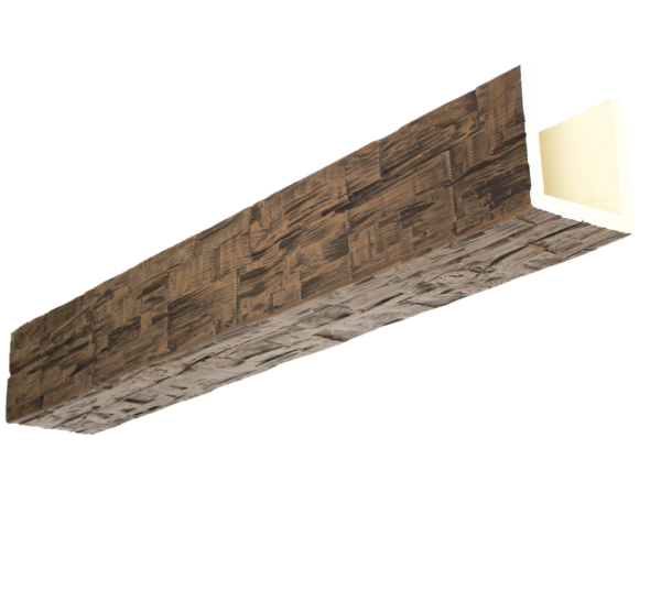 Faux wood ceiling beam with a Hand Hewn texture designed for a ridge and rafter system that is manufactured by Volterra Architectural Products.