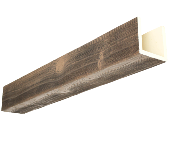 Sandblasted faux wood beam with a Dark Walnut stain manufactured by Volterra Architectural Products. This decorative beam is designed for ridge and rafter systems.