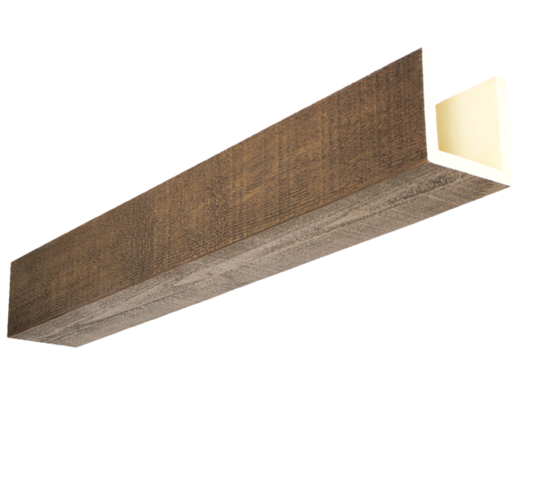 Faux wood beam for with a Dark Walnut finish for a Rough Sawn texture ridge and rafter system manufactured by Volterra Architectural Products.