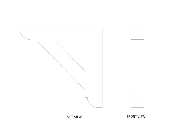 Diagram of a 4″ X 4″ X 24″ X 25″ Doug Fir faux wood bracket manufactured by Volterra Architectural Products.