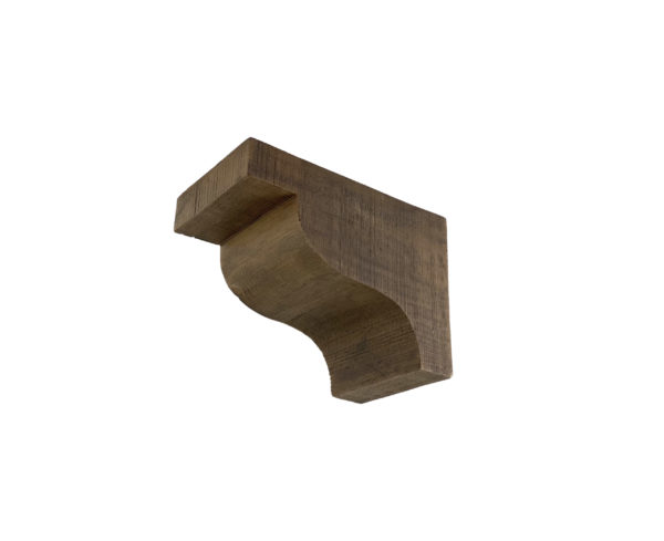 Rough Sawn 7" x 8⅝" x 12" faux wood scroll corbel in a Pecan stain manufactured and sold by Volterra Architectural Products.