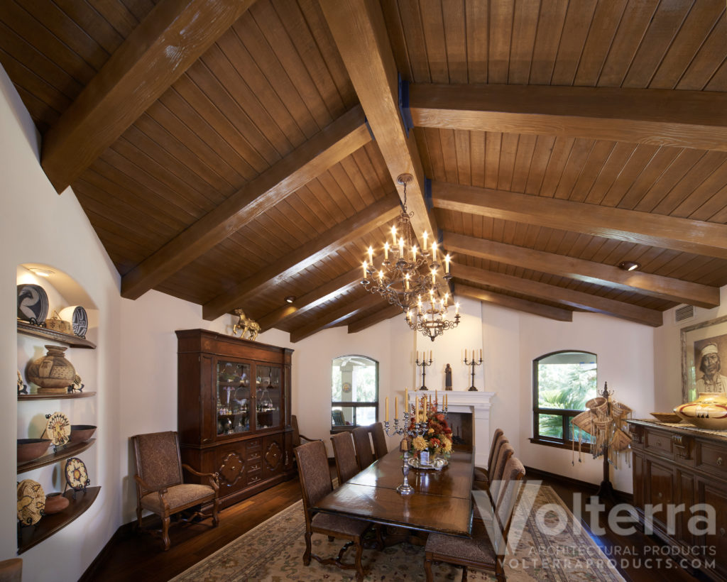 doug fir ridge and rafter faux beams in dining room