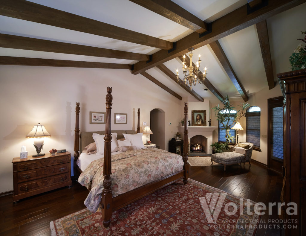 doug fir ridge and rafter faux beams in a bedroom