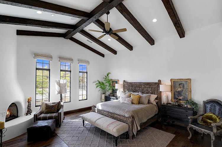 An image of Volterra’s faux wood beams installed in a bedroom.