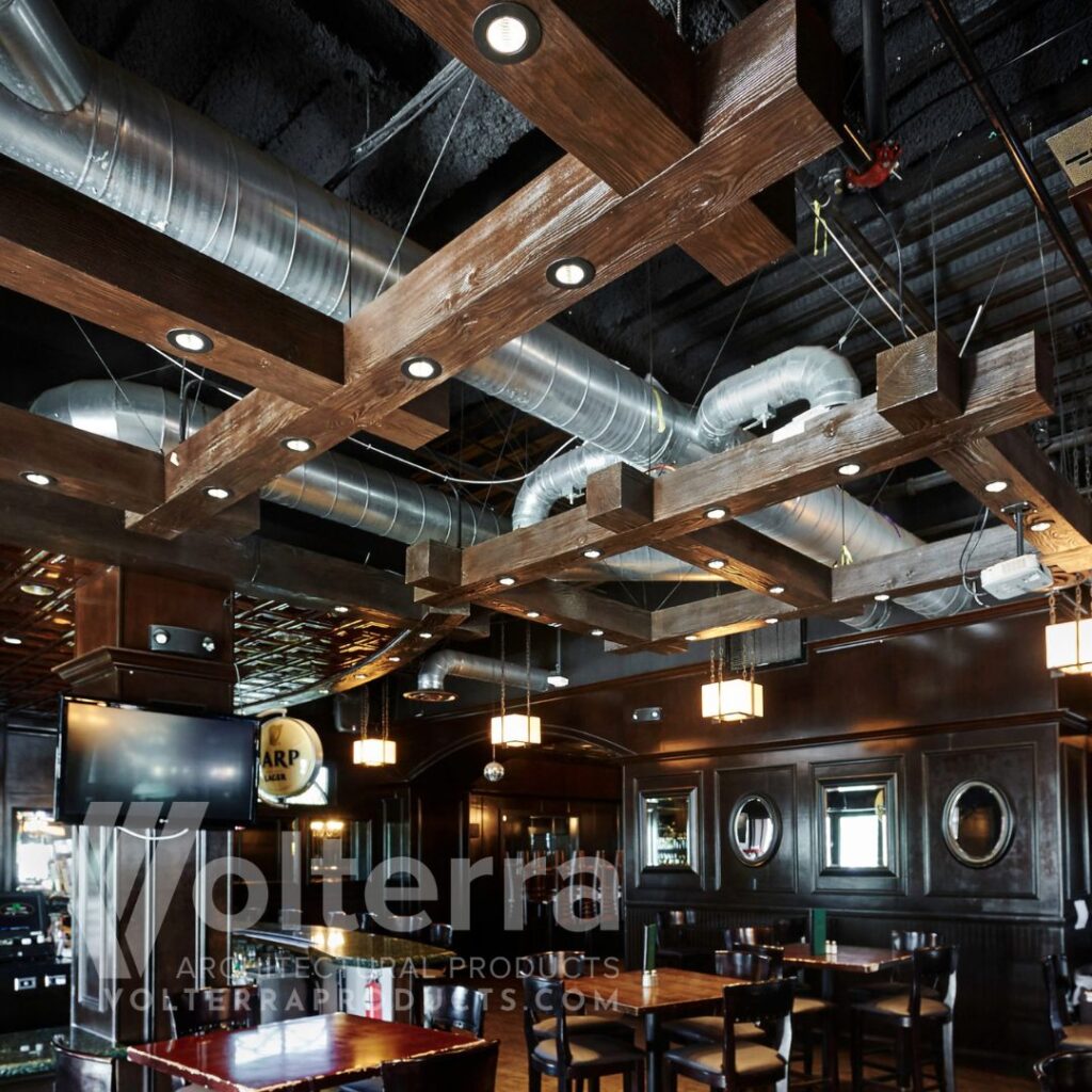 Custom ceiling faux wood beams with can lights embedded