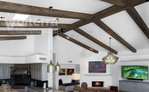 Living room with Volterra faux wood ceiling beams