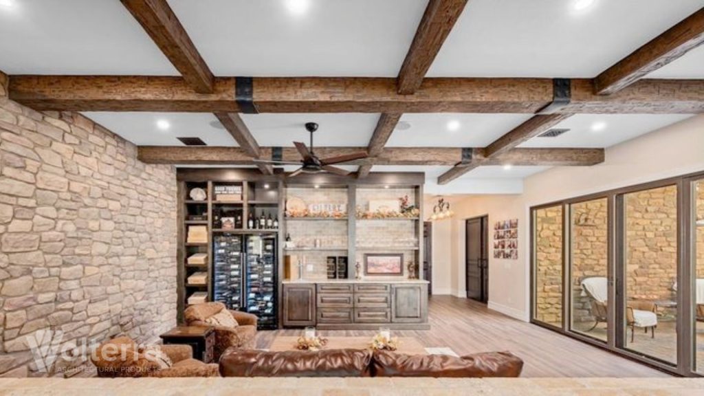 Sitting room with Volterra faux wood ceiling beams