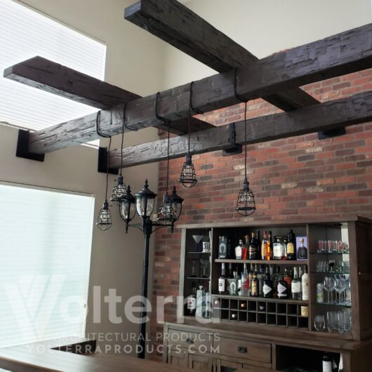 bar with decorative ceiling beams