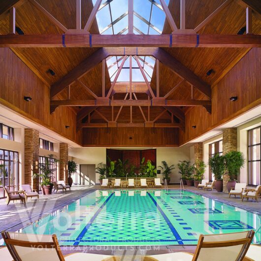 pool with decorative wood beam trusses