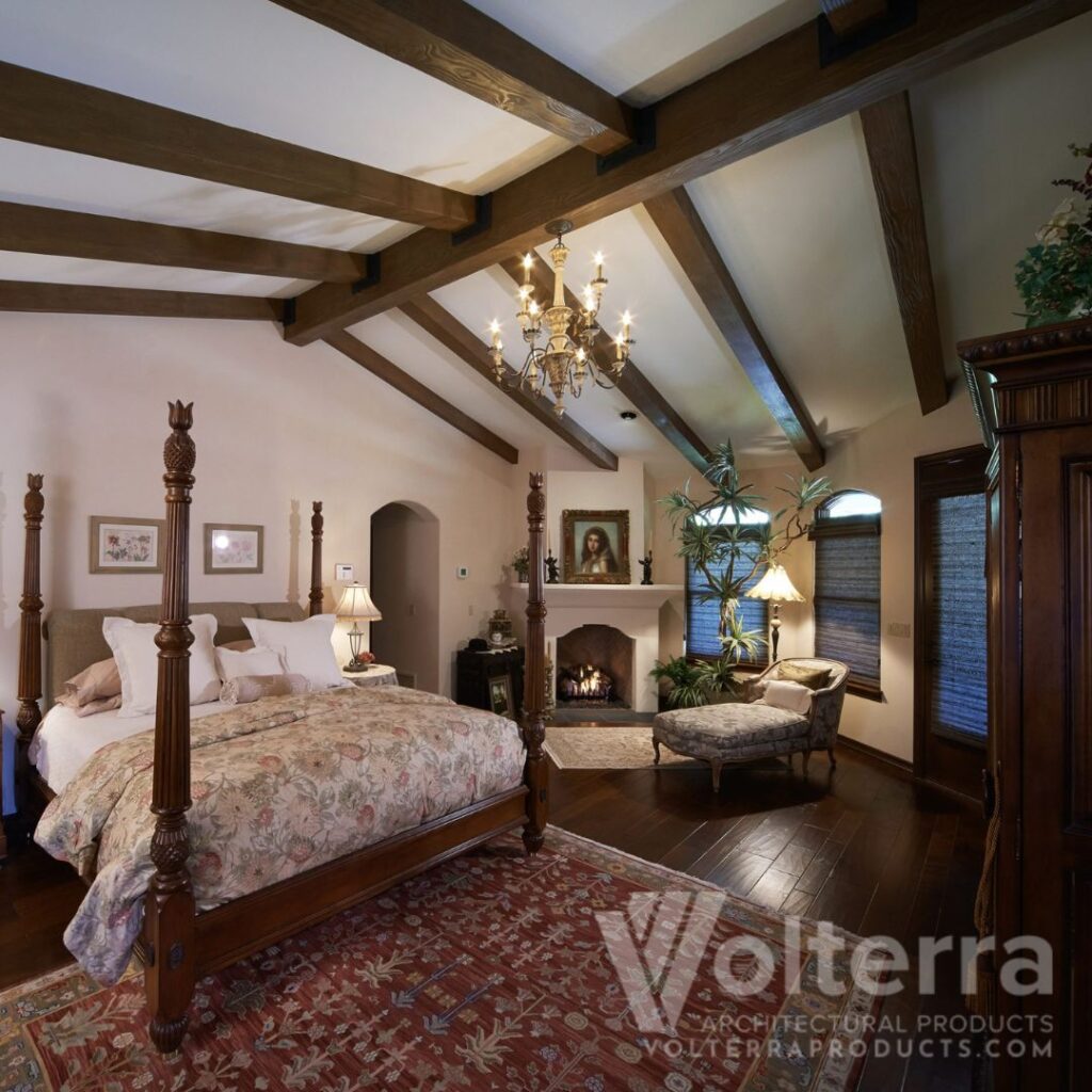 bedroom with wood beams