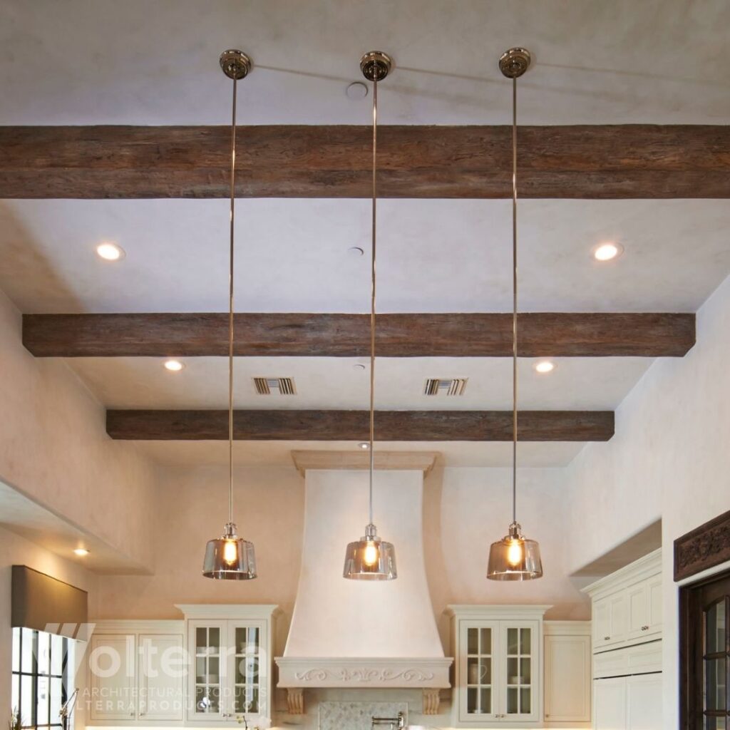 rustic faux beams in kitchen