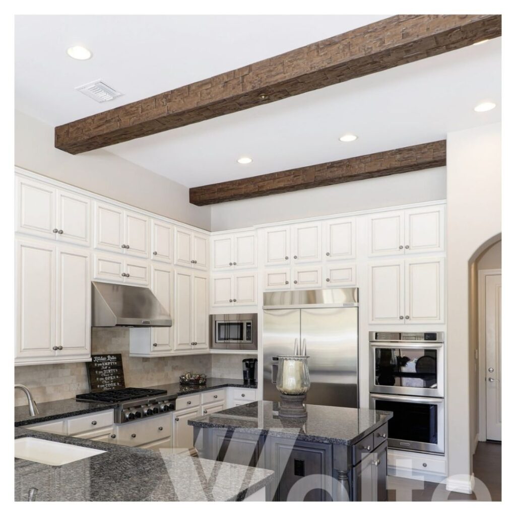 faux rustic beams in kitchen