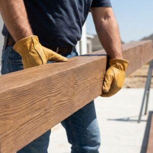 Close-up of a contractor in work gloves confidently handling a realistic faux wood beam.