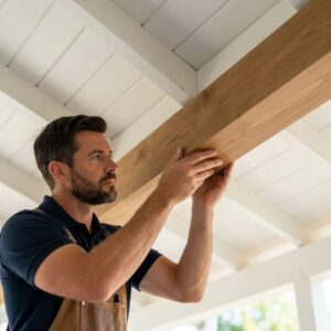 A detailed close-up shot of a focused installer fitting a simple, solid square 4x4 synthetic faux wood beam to the white-painted farmhouse-style patio ceiling.