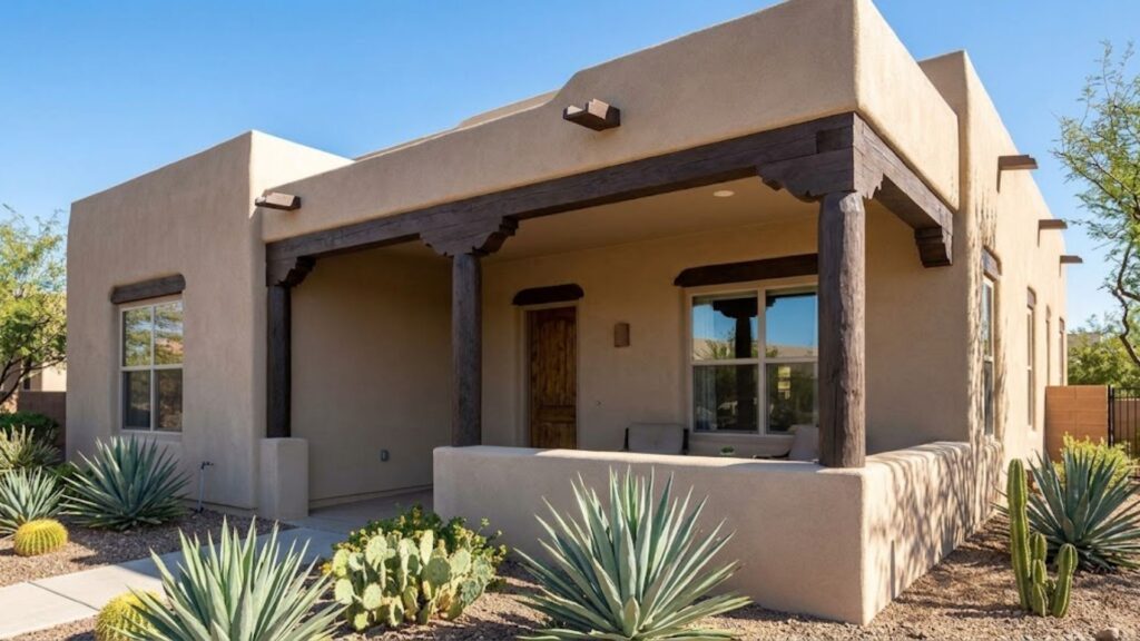 Brightly lit photograph of a southwestern-style home exterior featuring dark faux wood beams under a covered patio.