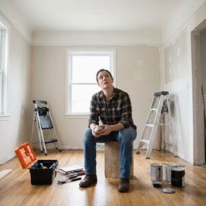 A person in casual clothing sitting on a work box in a partially renovated living room, holding a tape measure and looking upward with a thoughtful, overwhelmed expression amidst ladders and tools.