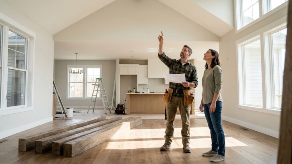 A professional contractor in a flannel shirt gesturing toward a vaulted ceiling while discussing home layout plans with a homeowner in a spacious, naturally lit room with staged faux wood beams on the floor.