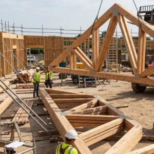 An active, busy outdoor construction site under natural daylight, where construction workers with safety gear are guiding and staging heavy, authentic natural wood trusses.