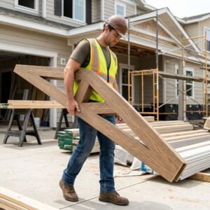 A construction worker easily carrying and inspecting a lightweight, realistic faux wood truss section on a job site.