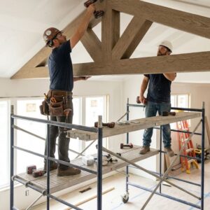 Two installers on scaffolding securing and aligning a decorative ceiling truss section inside a residential remodeling project.