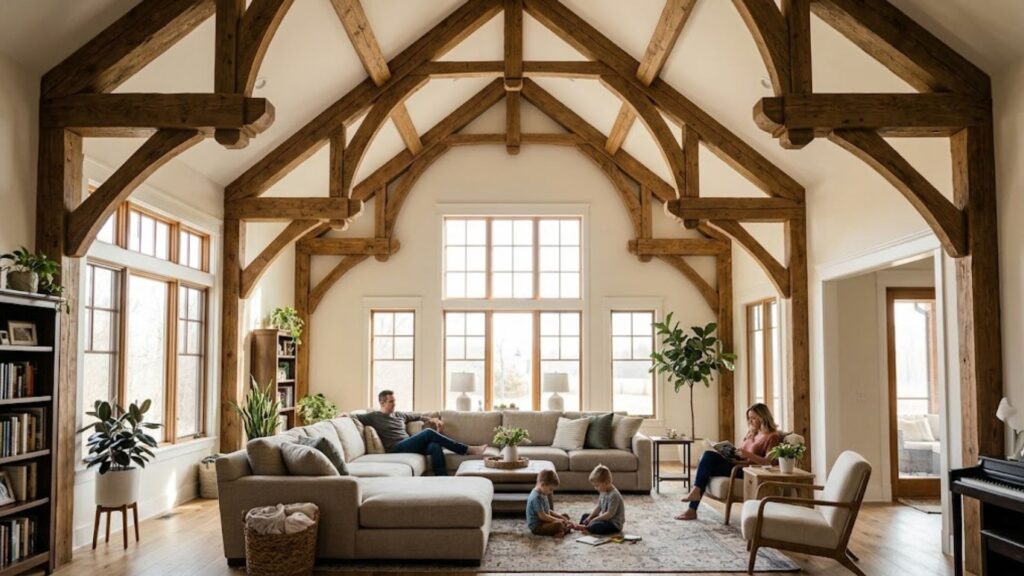 A wide, natural-light view of a grand residential living room with a high, vaulted ceiling featuring majestic decorative wood trusses while a family relaxes below.